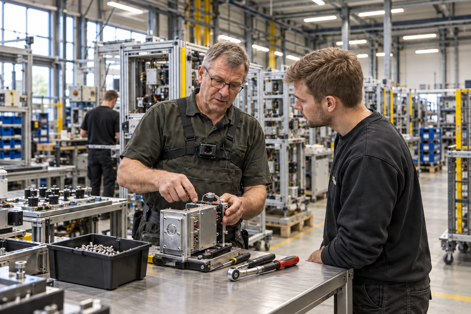 An experienced worker wearing a camera harness explains an assembly task to a colleague.